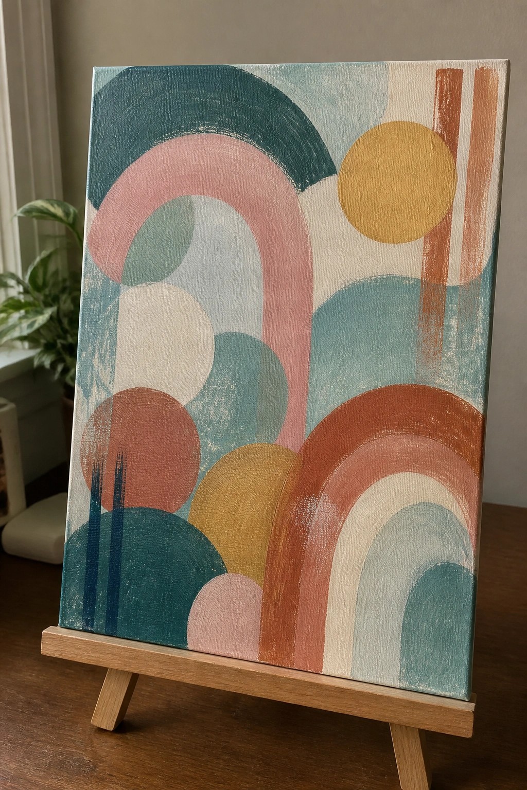 Abstract painting with overlapping colorful circles and arches on a wooden easel.