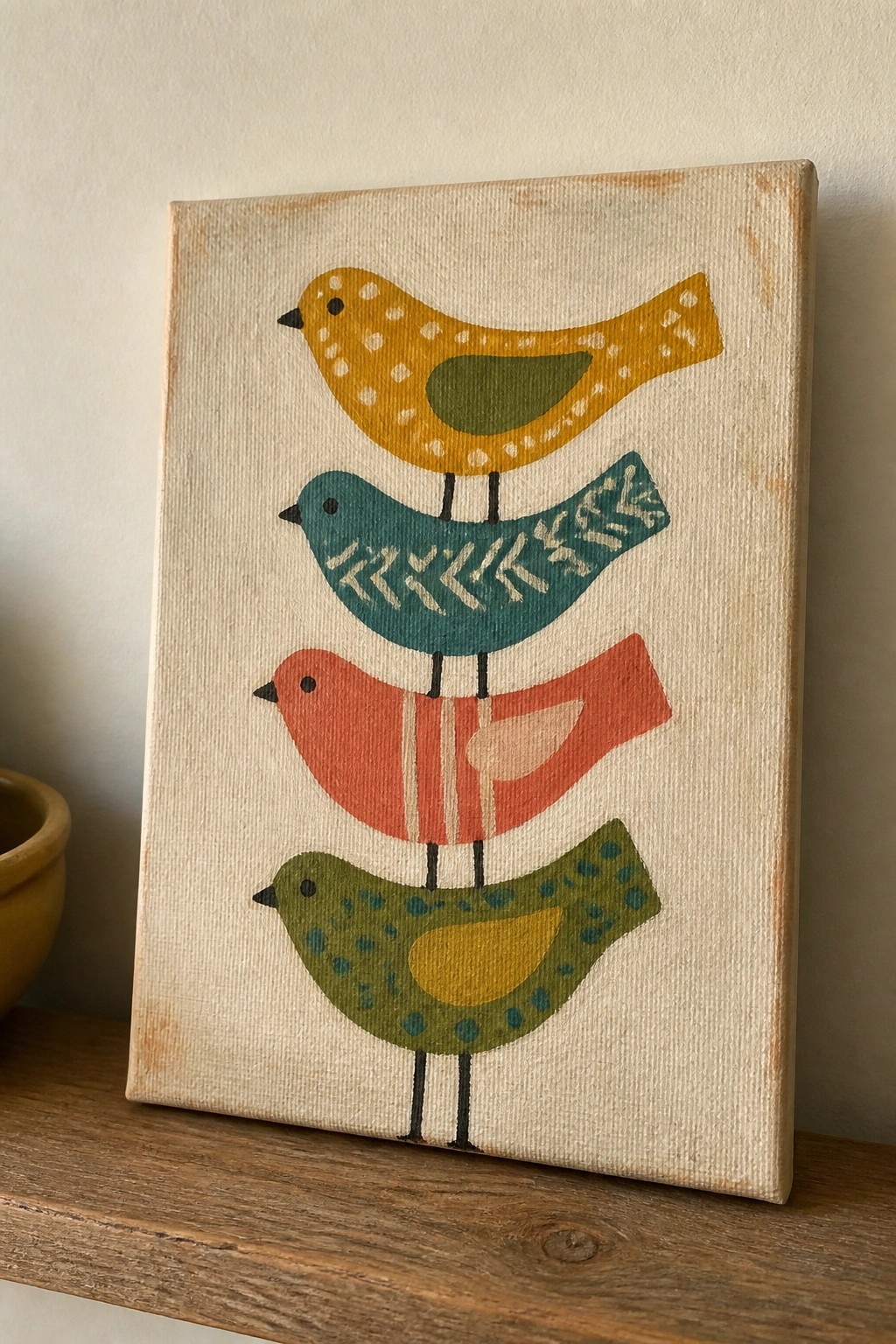 Four stacked colorful birds painted in yellow, teal, red, and green on canvas.