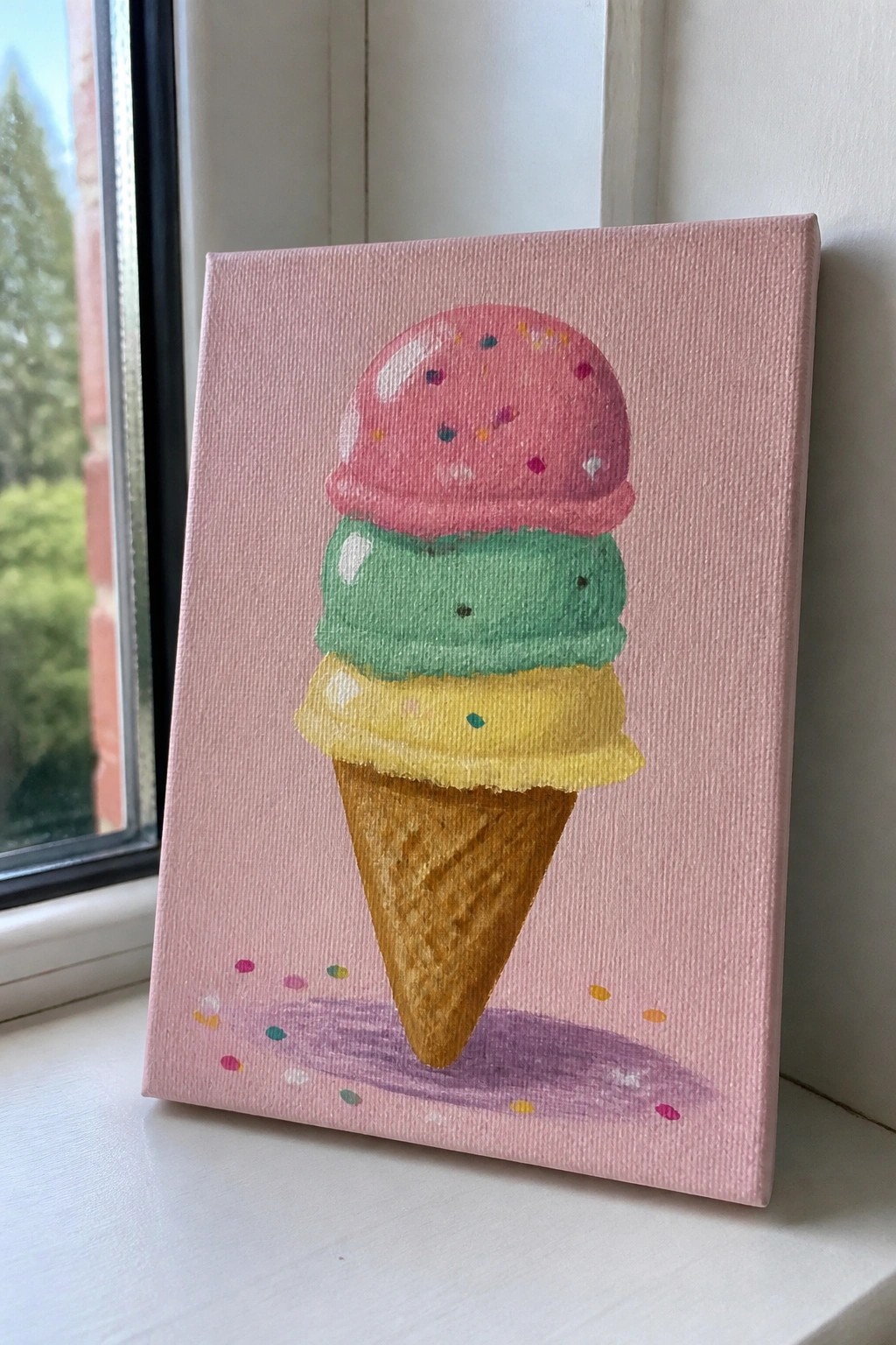 Triple-scoop ice cream cone painting with pink, green, and yellow scoops on pink canvas.