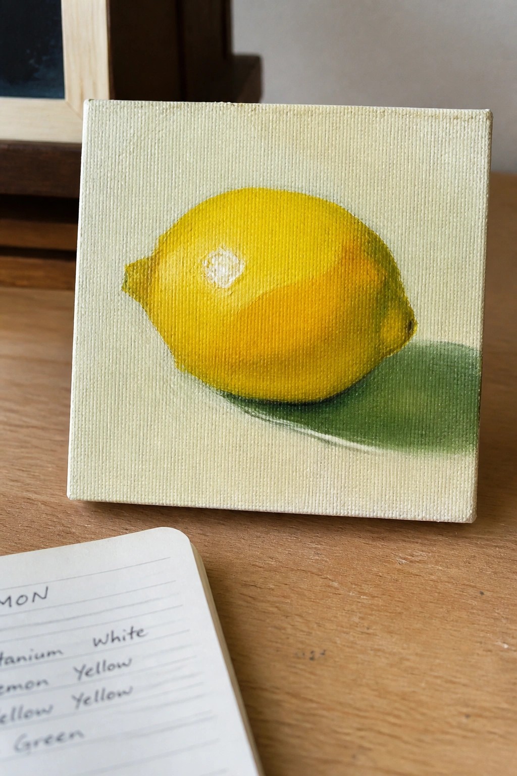 A small square canvas shows a painted yellow lemon with a green shadow resting on a wooden table next to an open notebook listing paint colors.