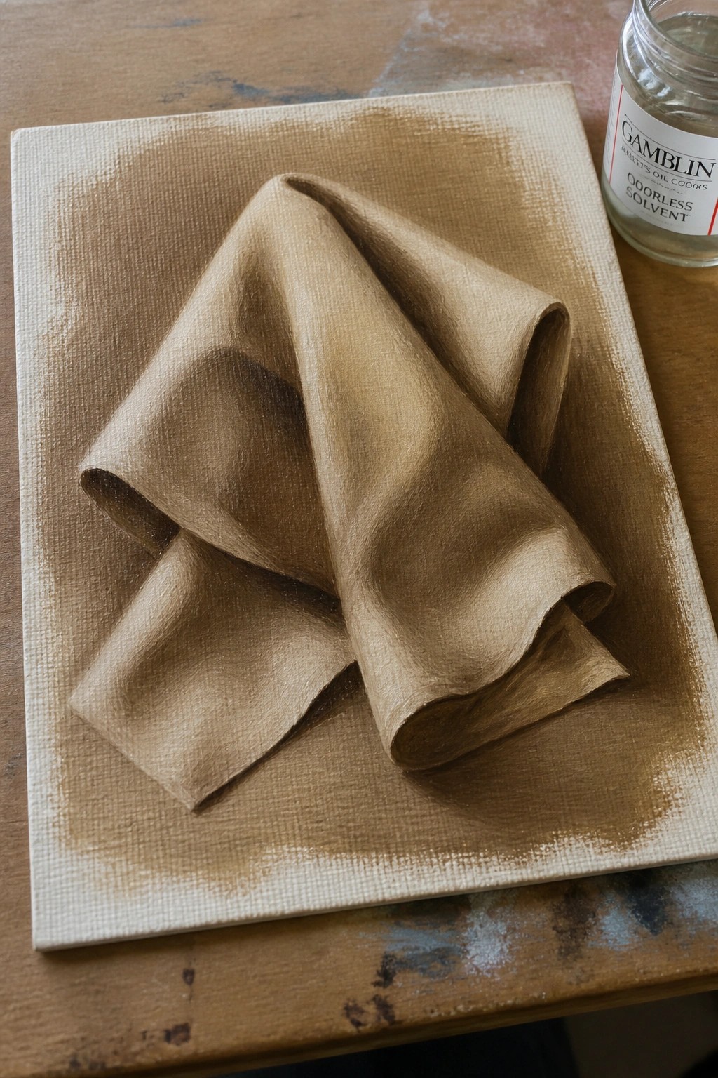 Realistic oil painting of folded brown fabric on canvas beside solvent jar