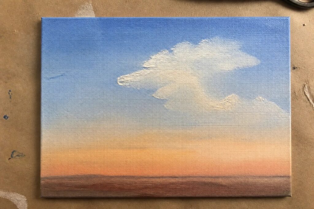 Square canvas with blue-to-orange sky gradient, fluffy cloud, and gray base strip