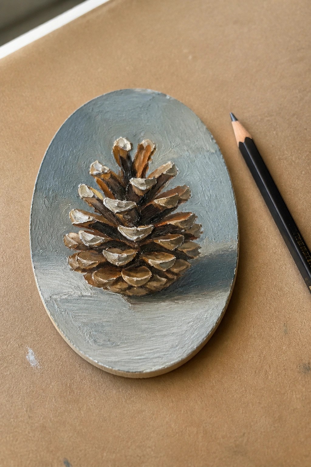 Thickly painted pinecone on gray oval panel beside black pencil on brown paper