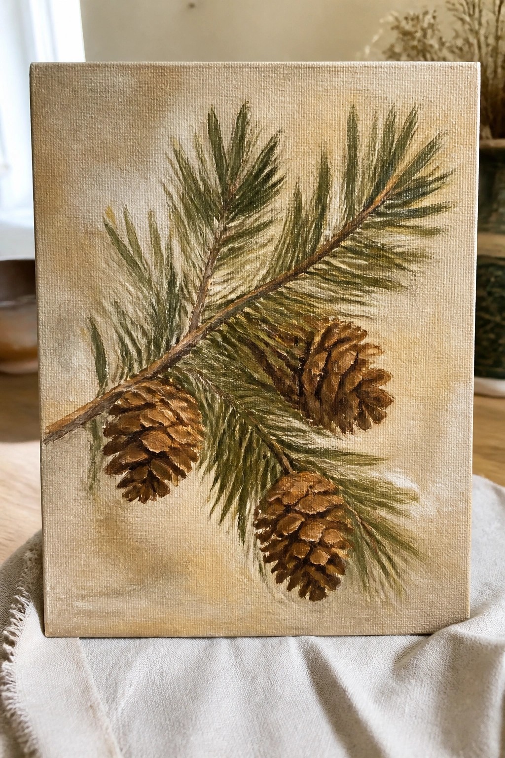 Beige canvas painting of pine branch with green needles and three brown pinecones.