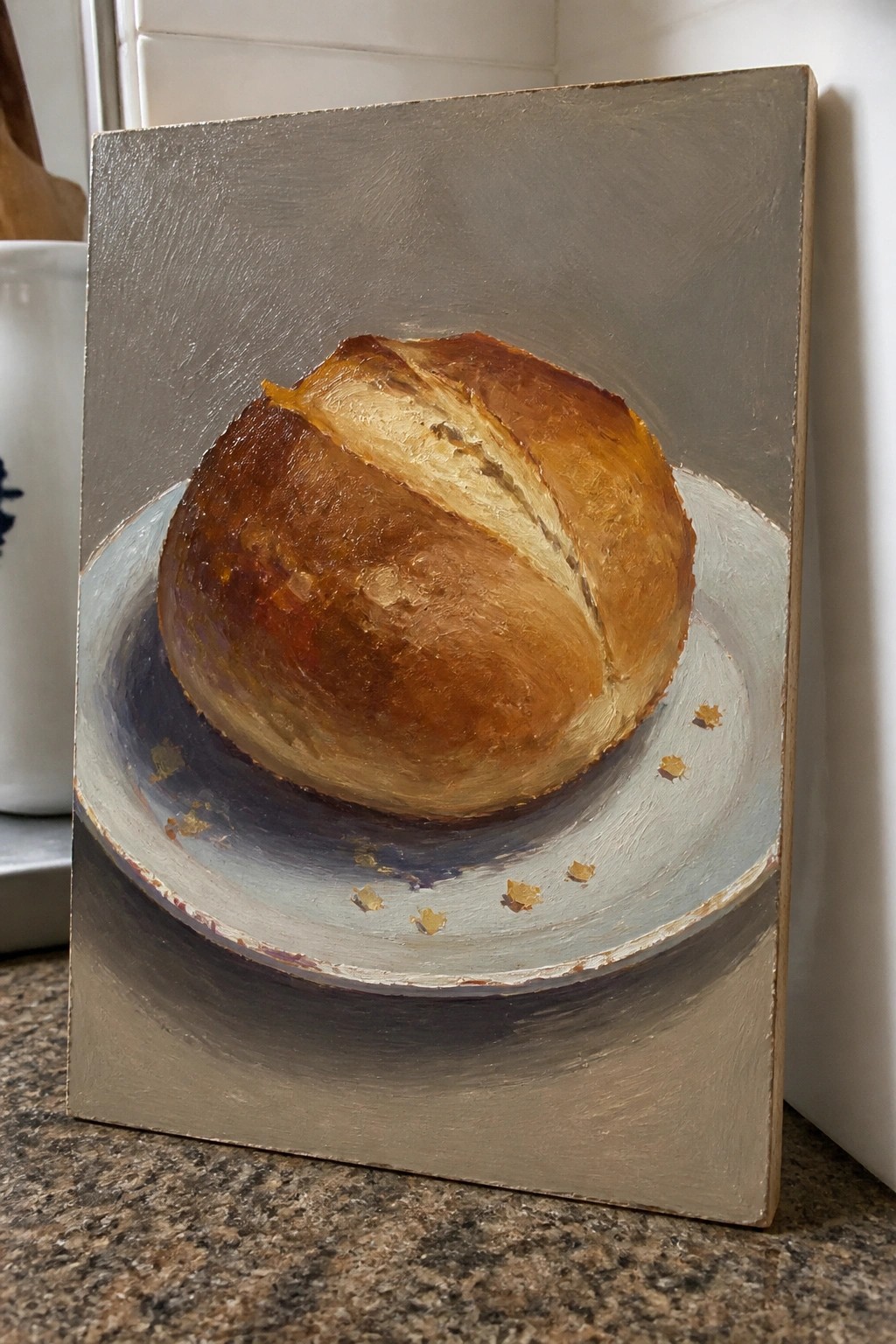 Realistic oil painting of golden crusty bread loaf on white plate against gray background.