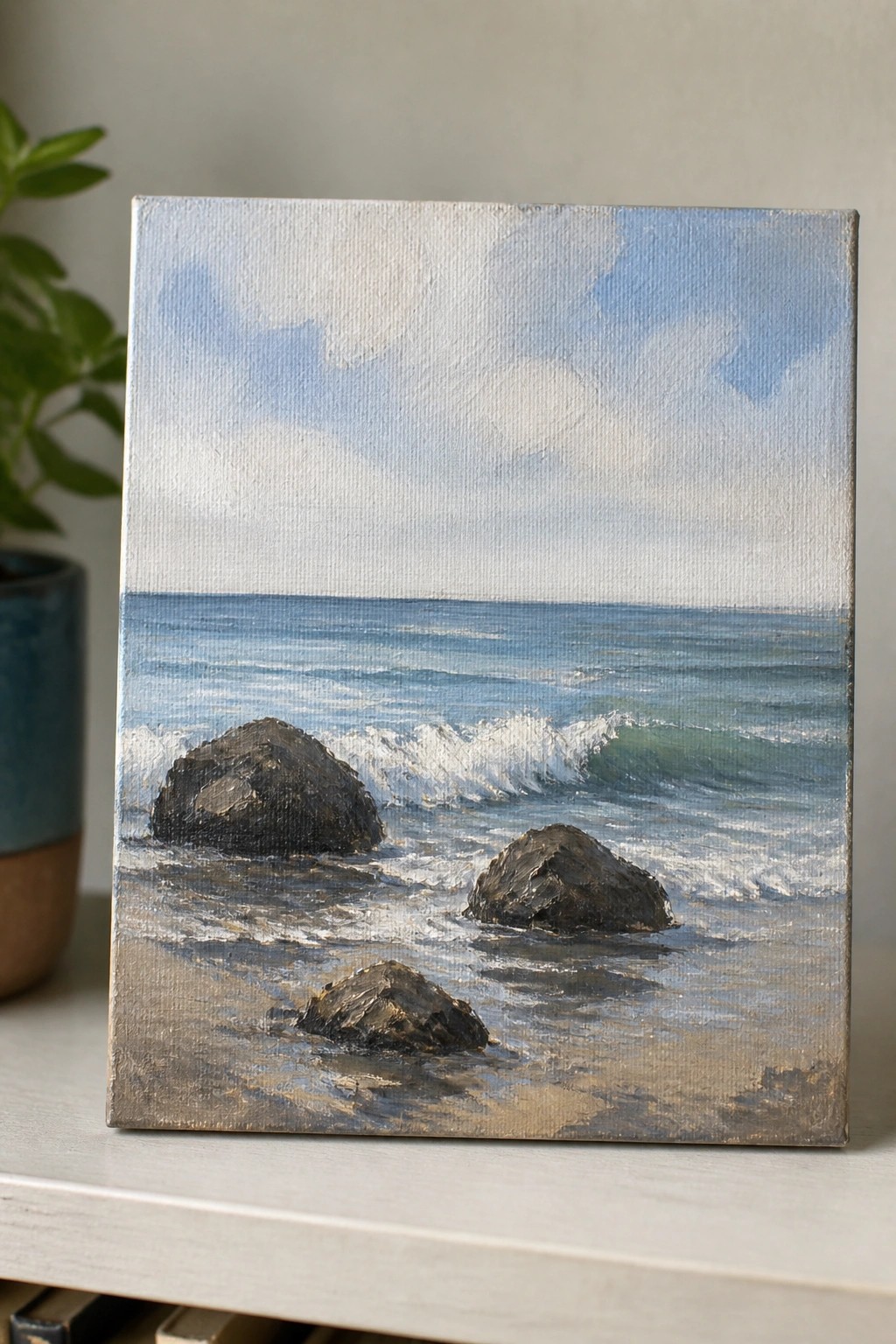 Oil painting of ocean waves crashing against dark rocks under cloudy sky.