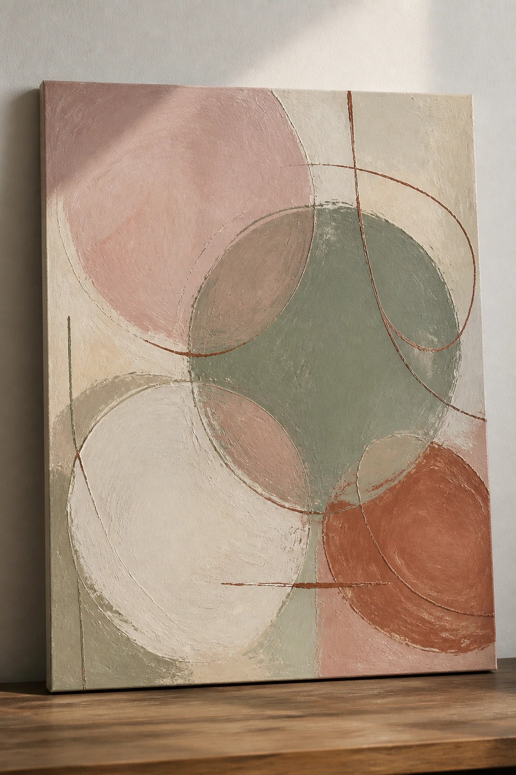 Abstract painting with overlapping circles in soft pink, green, beige, and terracotta with thin lines.