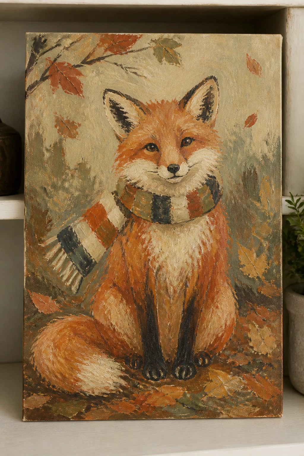 Painting of a fox in a plaid scarf amid autumn leaves and branches