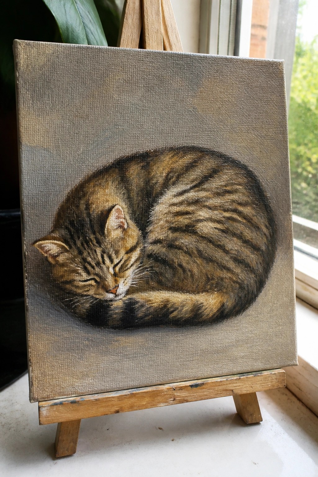 Curled tabby cat sleeping in realistic painting on small wooden easel