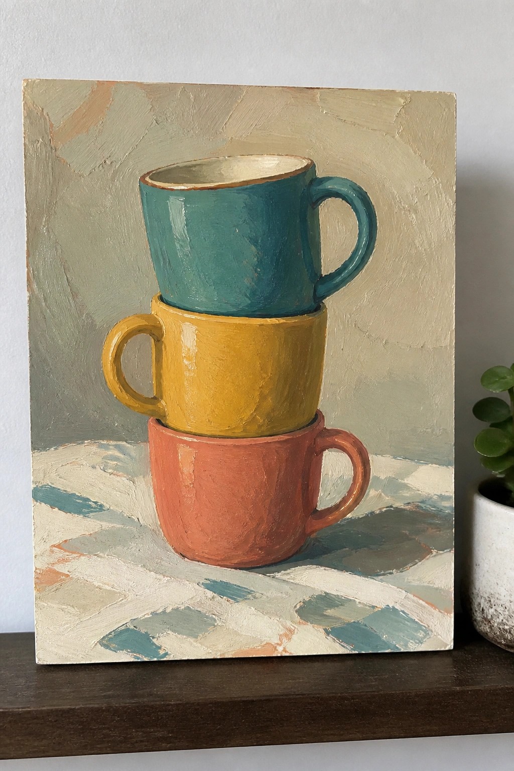 Three stacked teal, yellow, and orange mugs on a checkered cloth in oil paint.