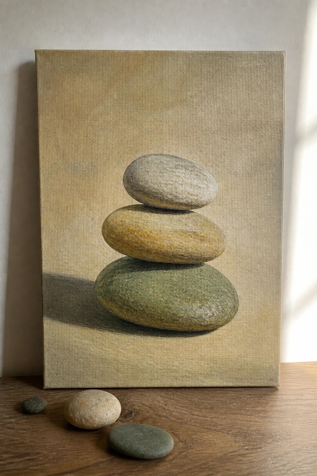 Canvas painting of three stacked stones with real pebbles on wooden table below