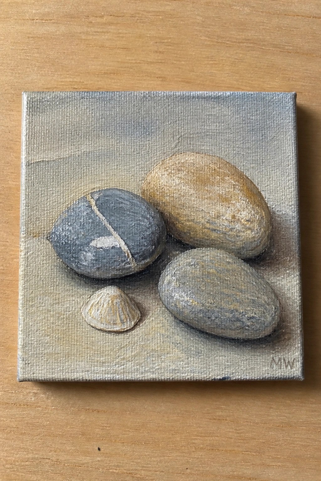 Three textured pebbles and a small seashell rest on a muted gray canvas.