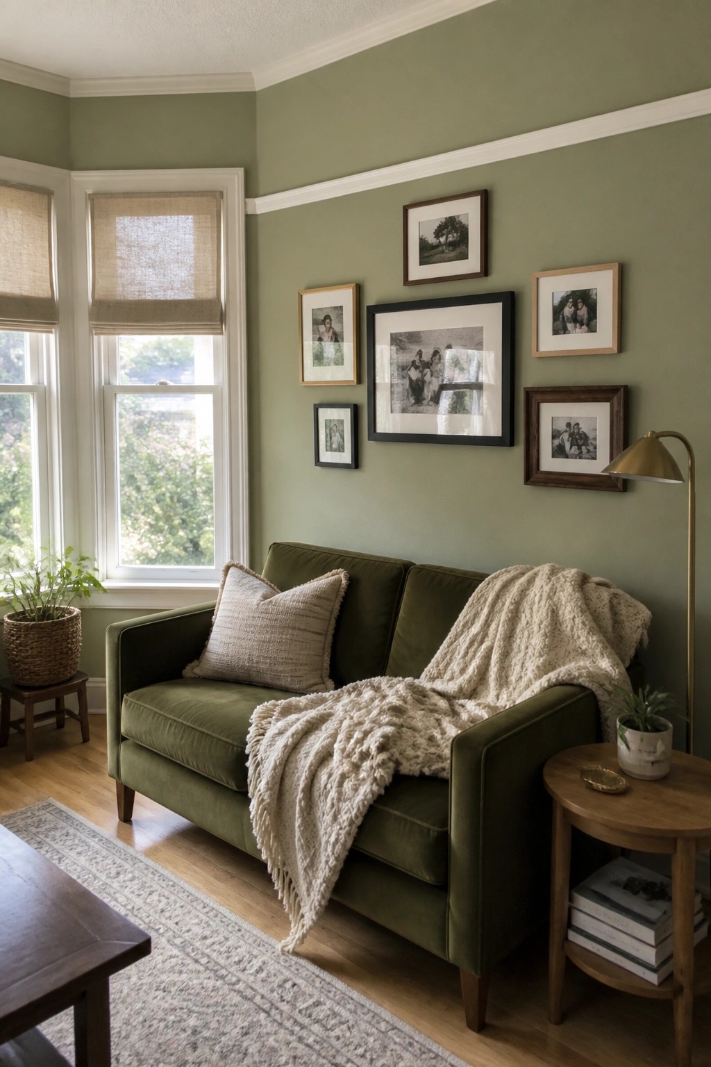 Green velvet sofa with cream knit throw under framed photos on sage wall