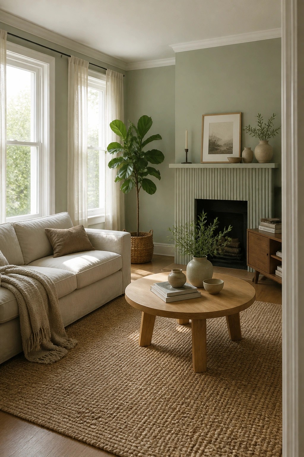Cozy living room with beige sofa, round wooden table, jute rug, and green walls.
