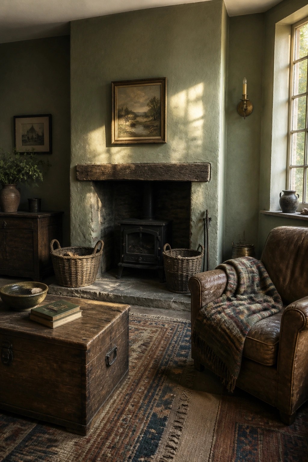 Cozy rustic room with stone fireplace, leather armchair, wooden chest, and woven baskets.