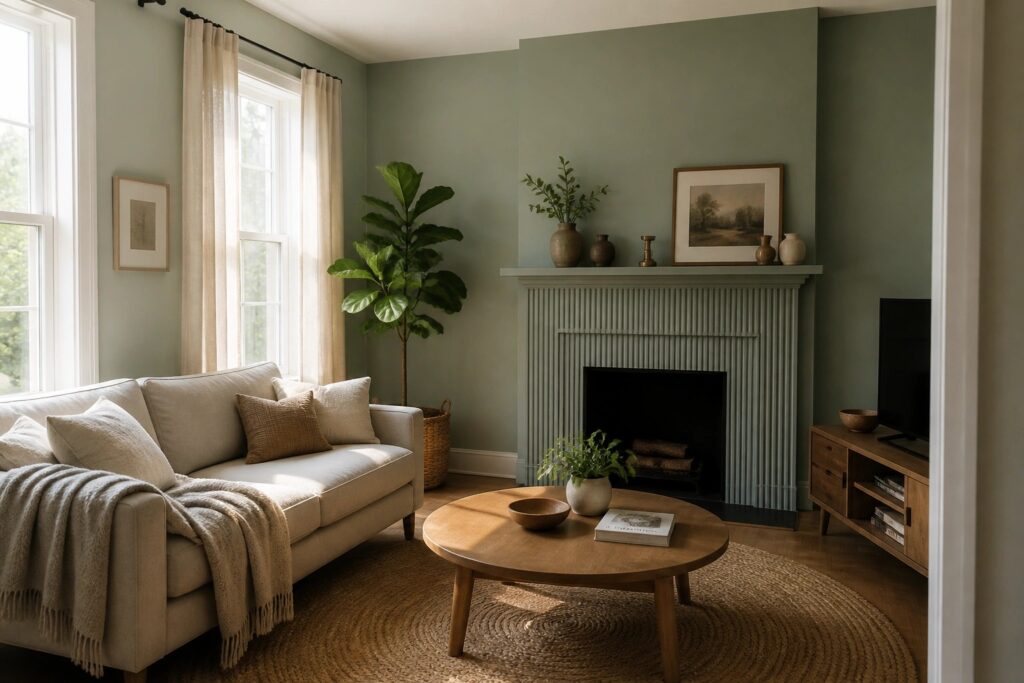 Cozy living room with beige sofa, round wooden table, jute rug, and green walls.
