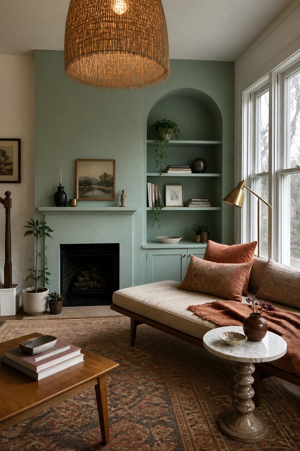 Cozy living room with sage green walls, arched shelves, fireplace, and daybed with rust pillows.