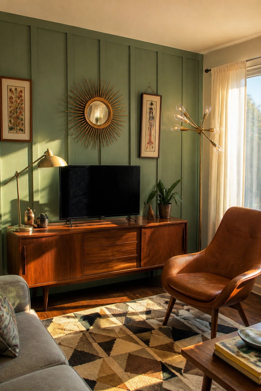 Soft sage green vertical paneled walls in a living room with a wood TV console.