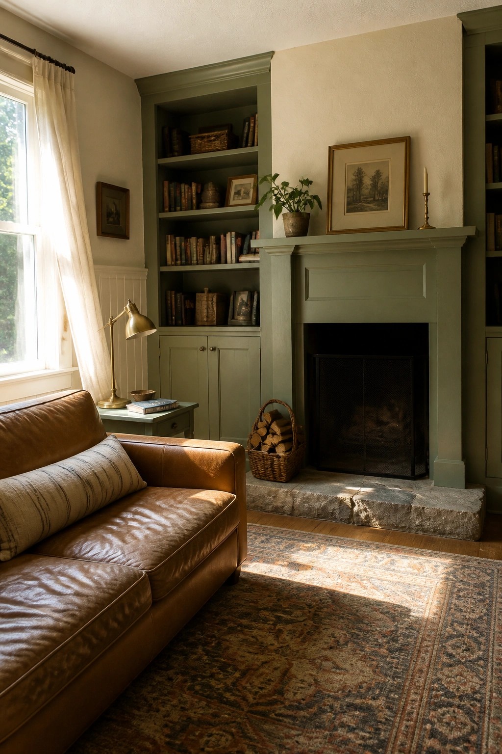 Built-in bookshelves and fireplace mantel painted soft sage green in a light-filled living room.