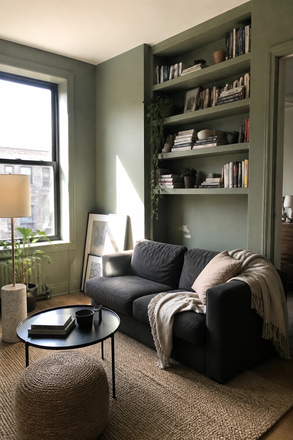 Soft sage green walls and built-in bookshelves in a light-filled living room.