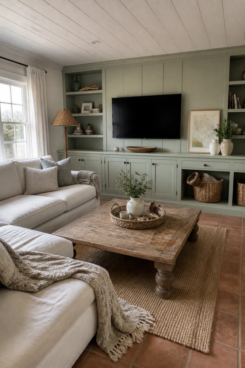 Soft sage green paint covers the walls and built-in cabinetry in this living room.
