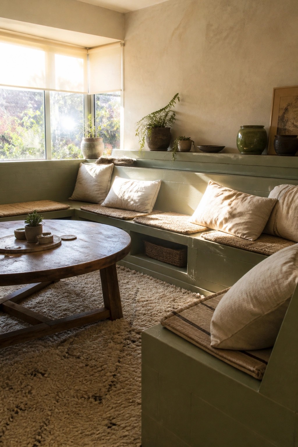 Built-in bench and ledge painted in soft sage green inside a bright living room.