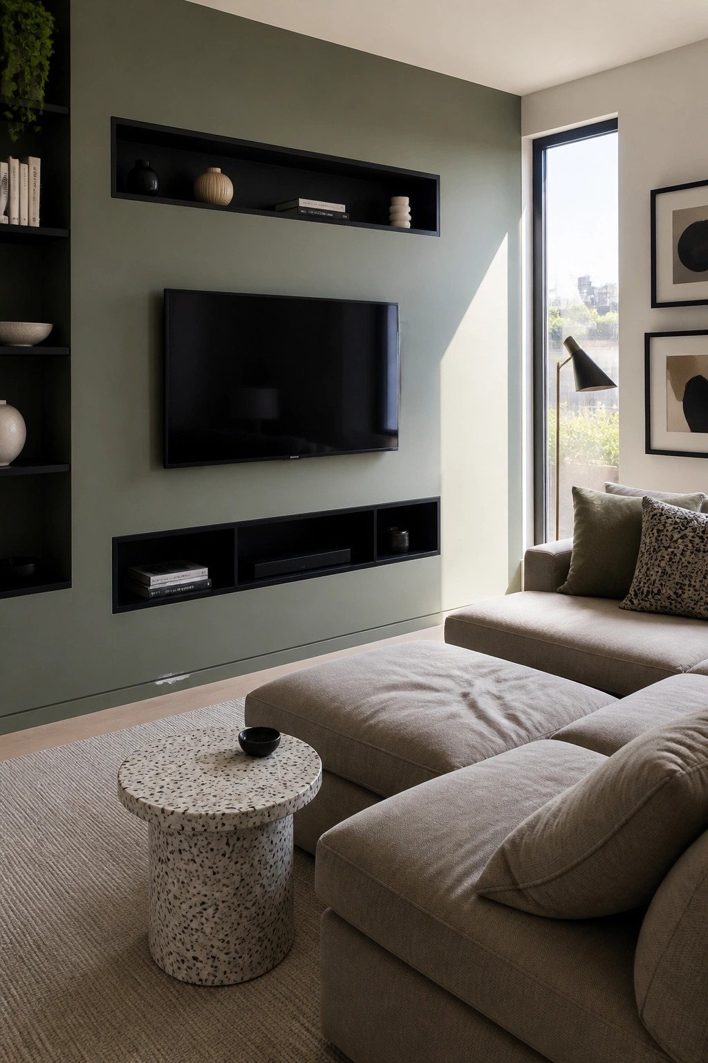 Soft sage green walls and built-in media unit in a light-filled living room.