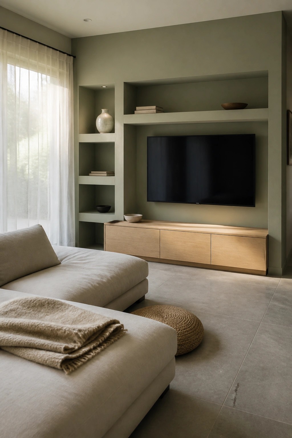 Living room walls and built-in shelving painted in soft sage green with a light wood console below the TV.