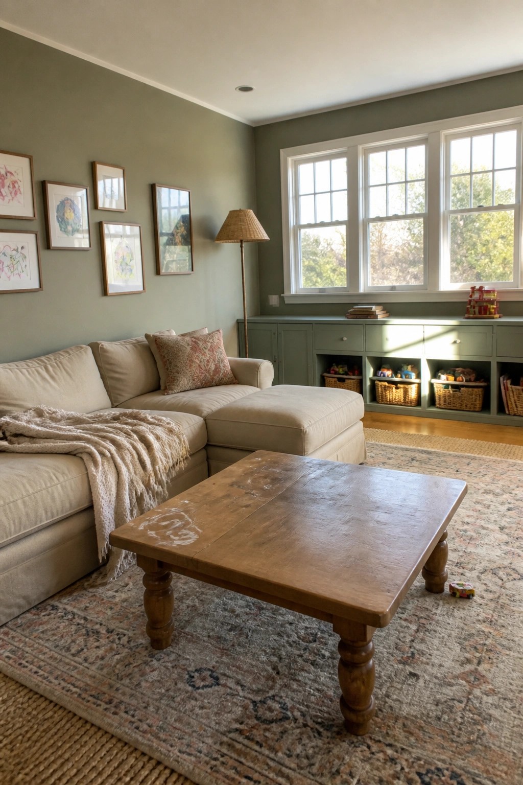 Living room walls and built-in cabinets painted in soft sage green.