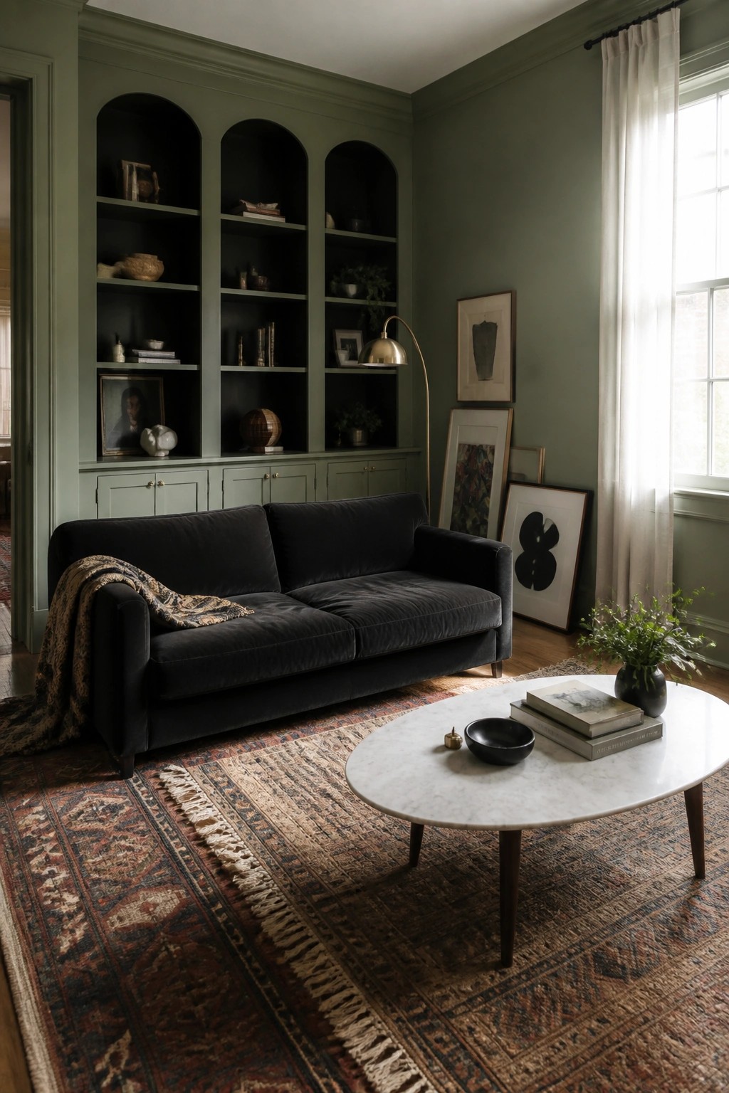 Dark green living room with black velvet sofa, arched bookshelves, and marble coffee table