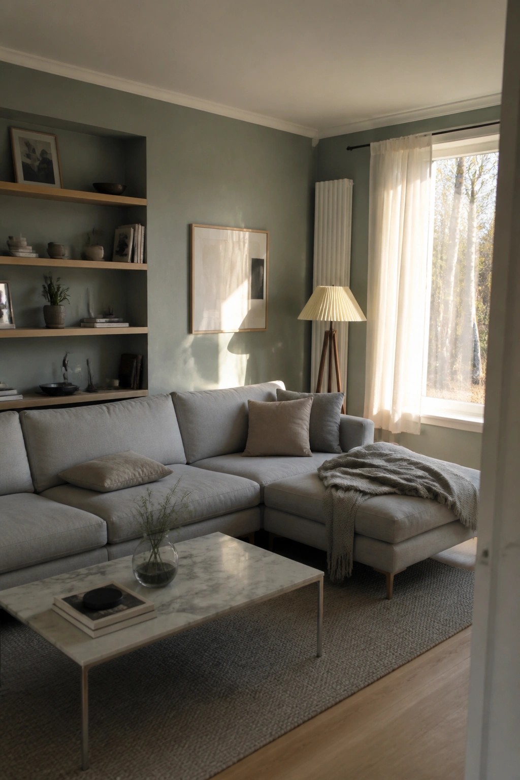 Sage green living room with gray sectional sofa, marble coffee table, and window