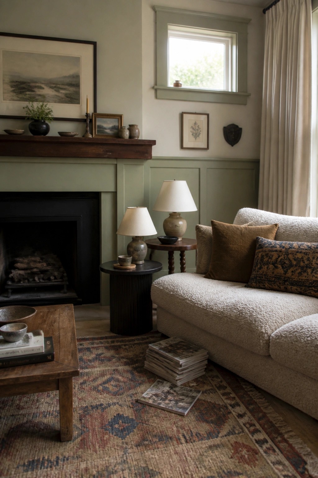Cozy living room with white sofa, wooden tables, green walls, fireplace, and patterned rug