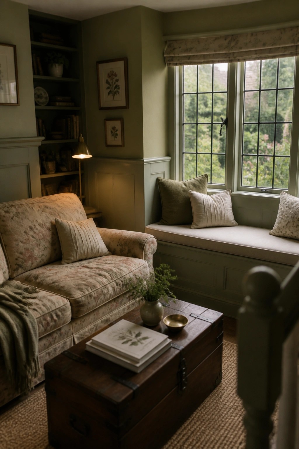 Cozy sage green room with floral sofa, window seat, wooden trunk, and bookshelves