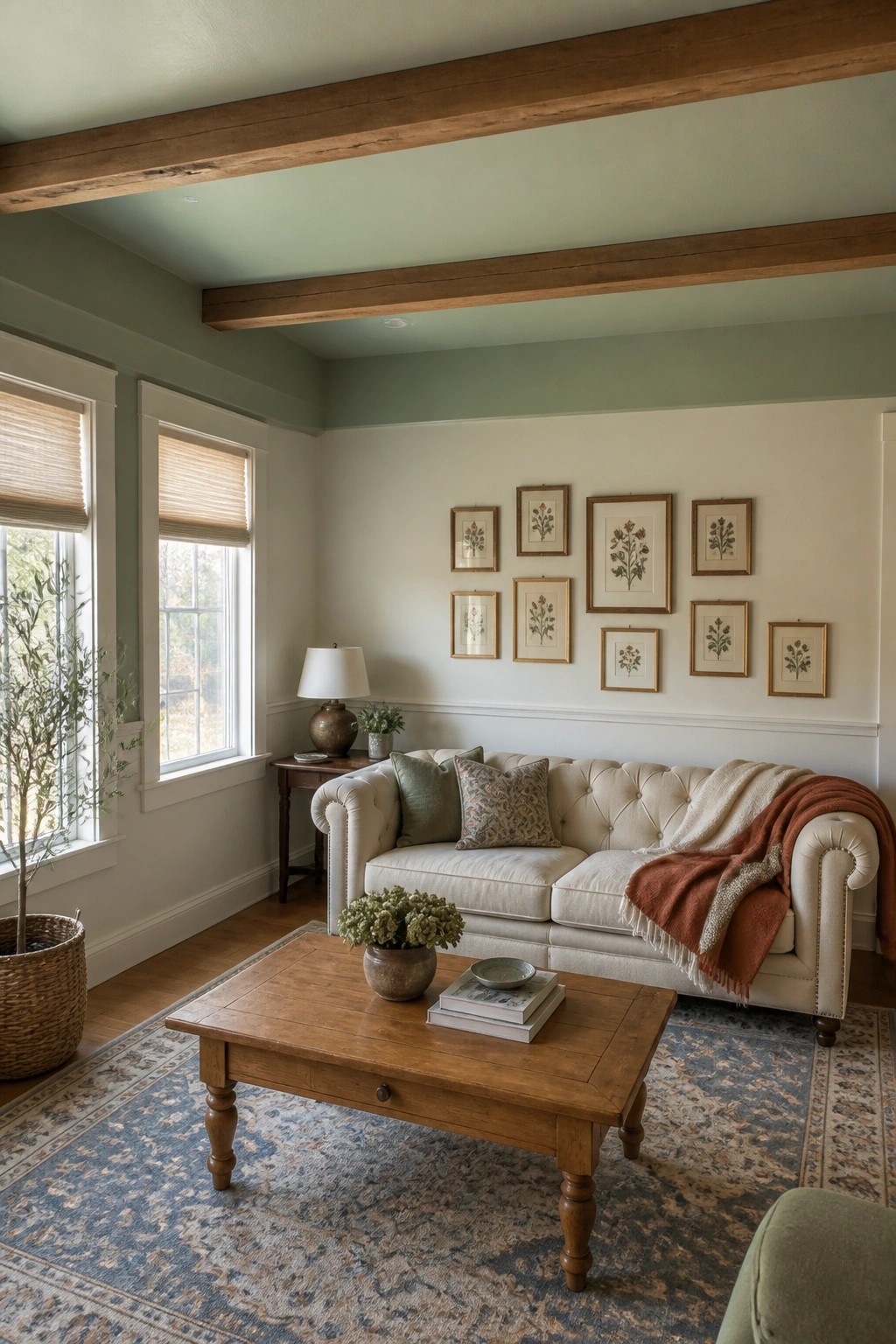 Soft sage green walls above white wainscoting in a living room with wood beams.