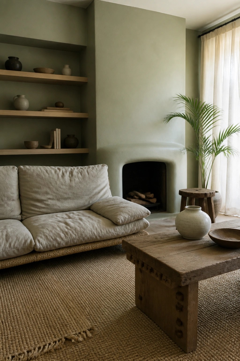 Soft sage green walls and fireplace surround in a living room with light wood built-in shelves.