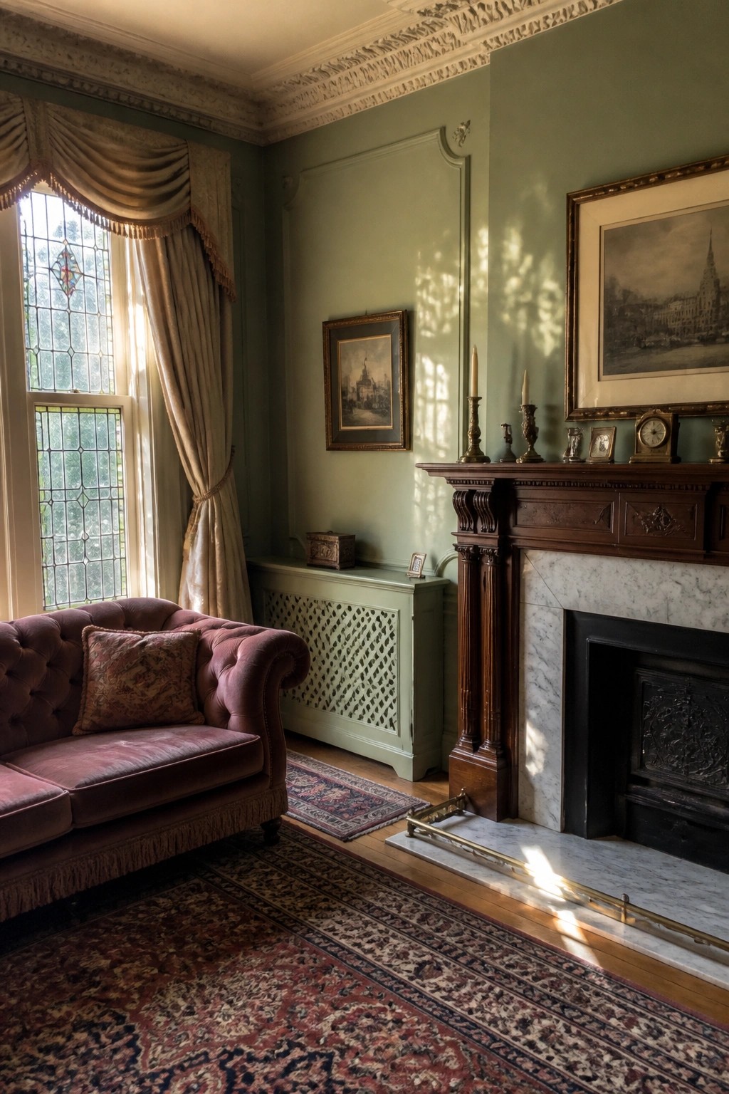 Sunlit Victorian room with pink tufted sofa, green walls, and marble fireplace.