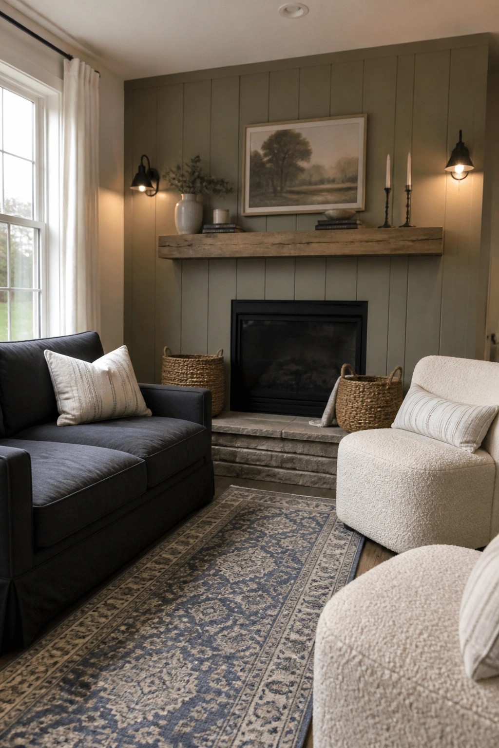 Cozy living room with navy sofa, cream chair, stone fireplace, and blue rug.