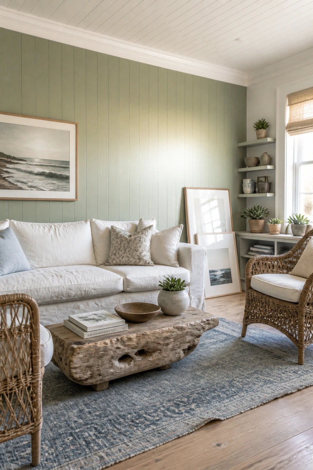 Soft sage green paint covers the vertical paneling in a bright living room.