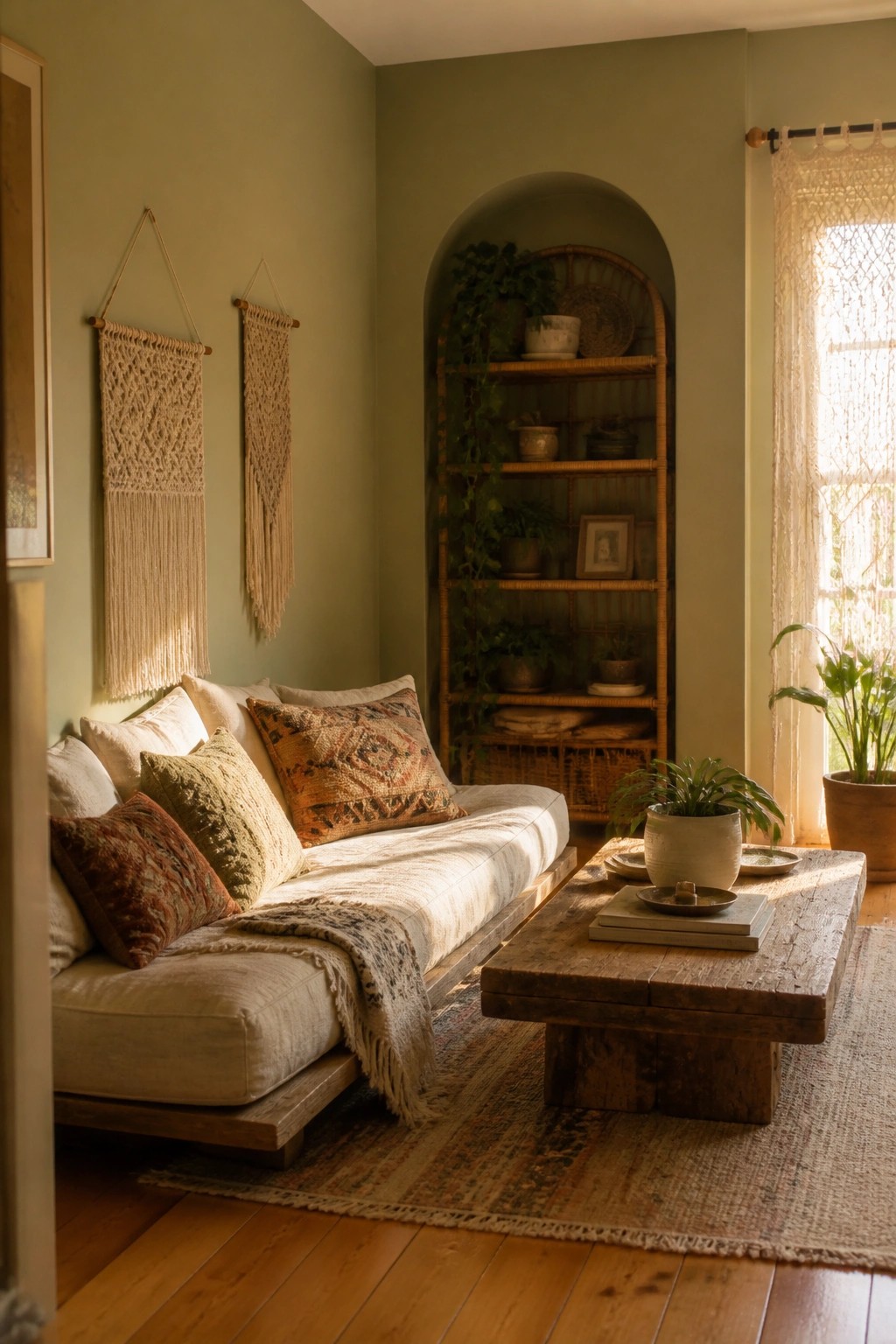 Living room walls painted in soft sage green alongside wooden built-in shelves and flooring.