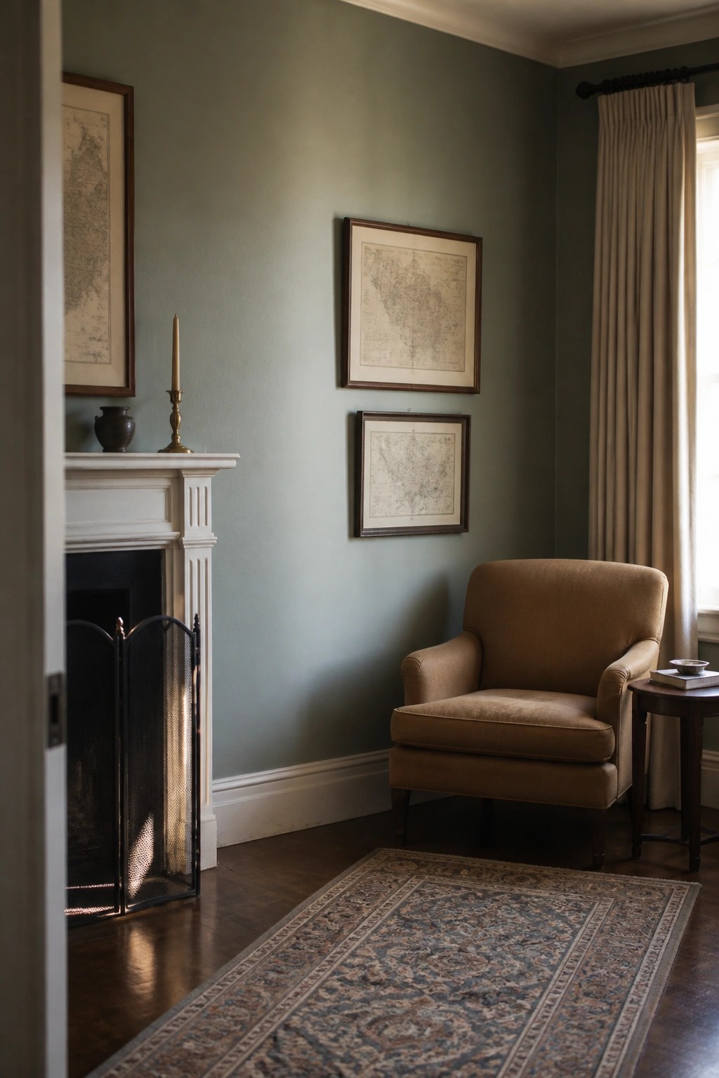 A living room with soft sage green walls, white fireplace mantel, and brown armchair on wood flooring.
