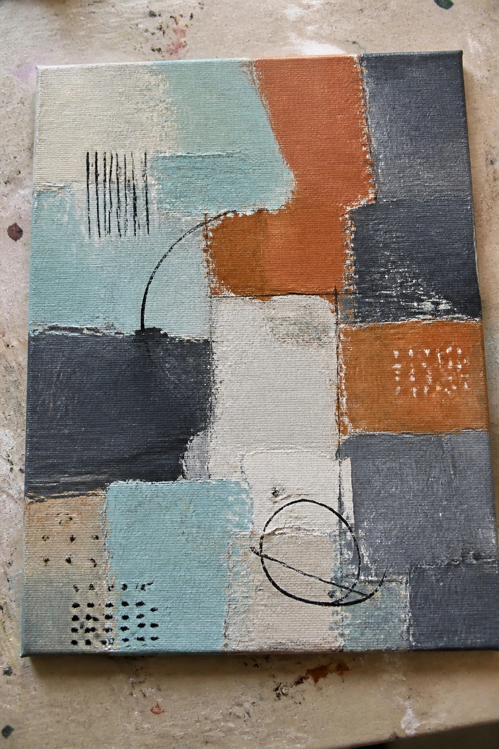 Abstract canvas with teal, orange, gray blocks, black lines, circles, and dots