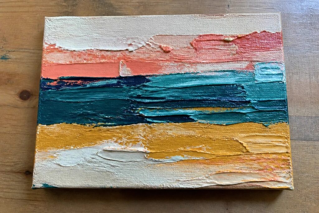 24 Textured Palette Knife Abstract Painting Ideas Using Thick Paint Layers Thickly textured abstract painting on canvas with red, teal, and yellow bands