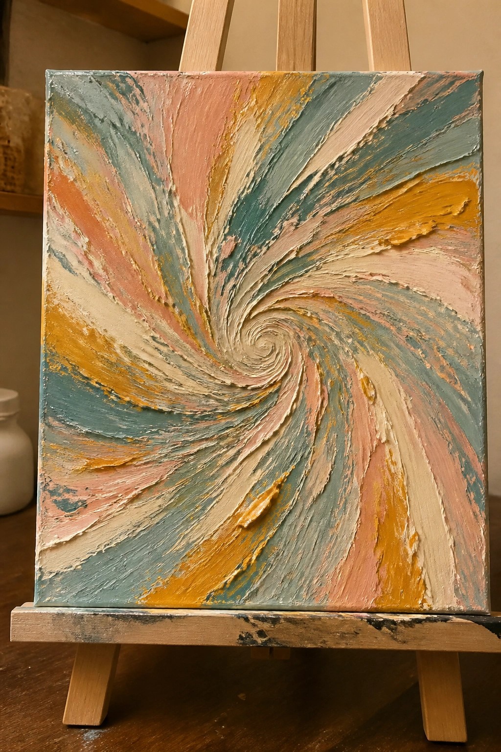 Thickly textured abstract swirl painting in teal, pink, and yellow on easel