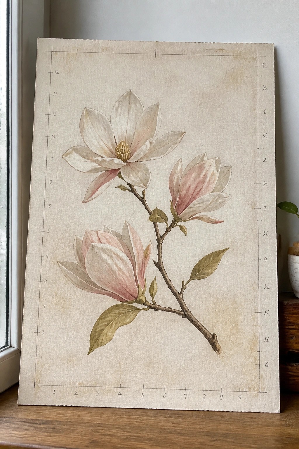 Watercolor painting of pink magnolia blossoms on a branch with leaves on gridded paper