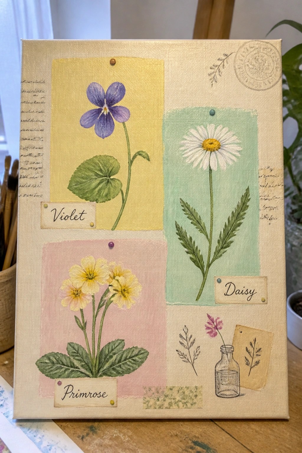 Canvas with labeled violet, daisy, and primrose watercolor illustrations on pastel panels