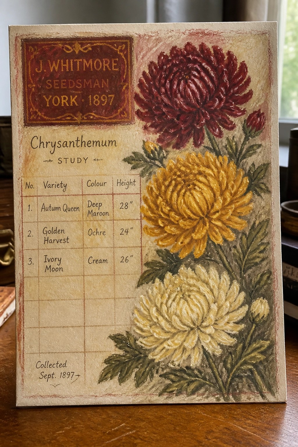 A painted card displays three chrysanthemum flowers in red, yellow, and cream next to a table listing three varieties with their colors and heights.