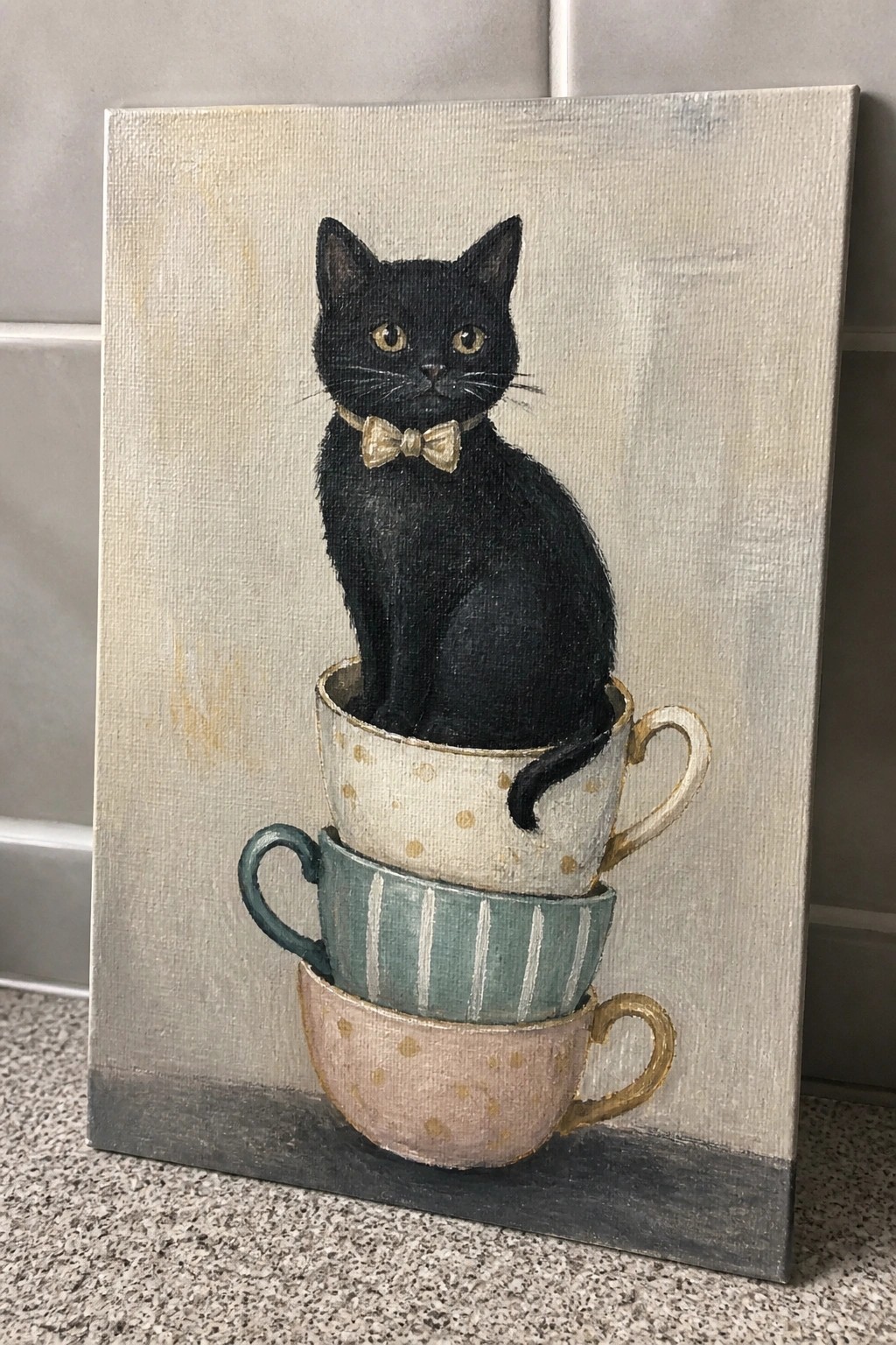Black cat with gold bow tie perched on stacked pastel teacups painting