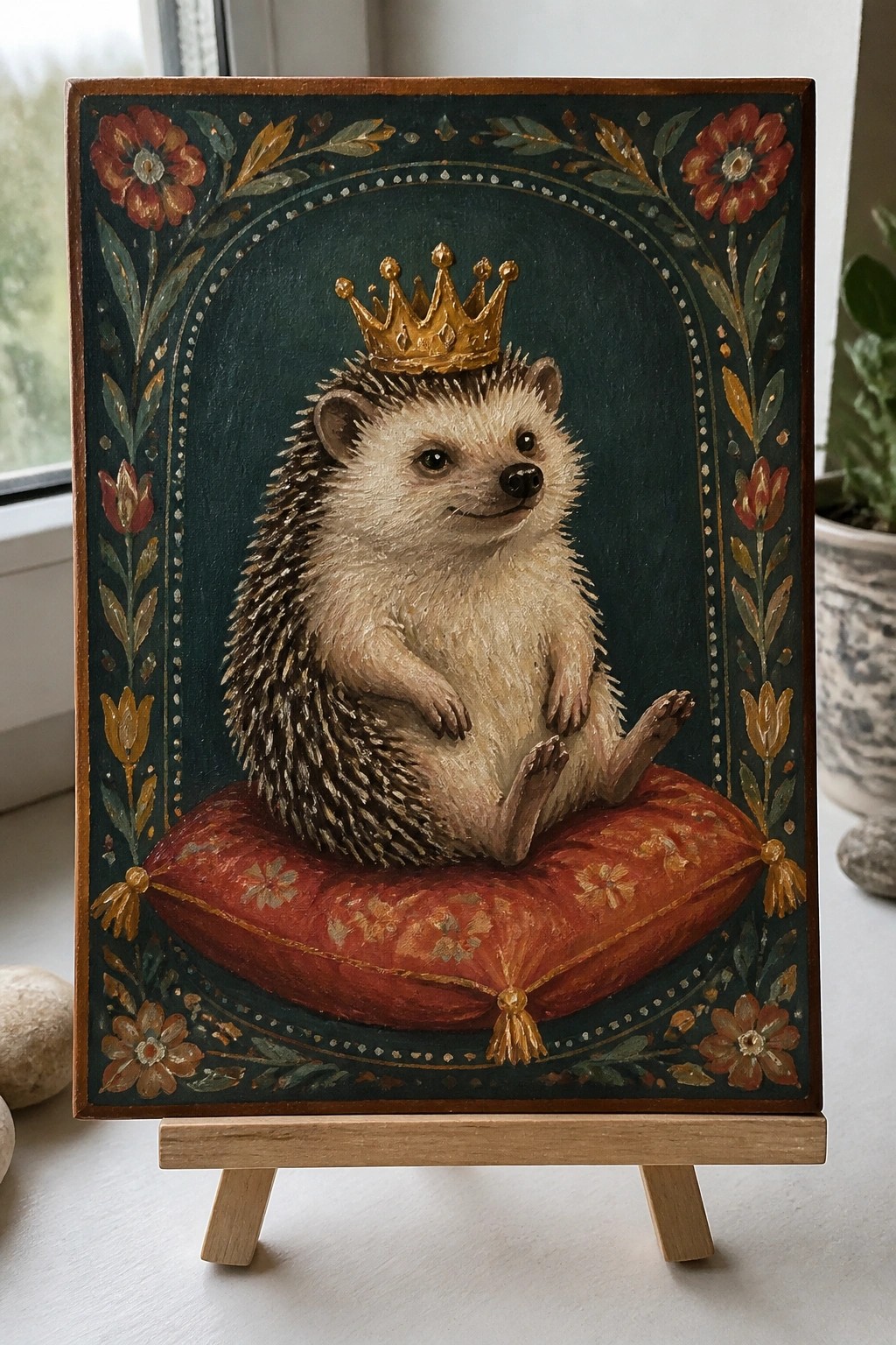 Crowned hedgehog sits on red pillow amid ornate floral patterns on teal background