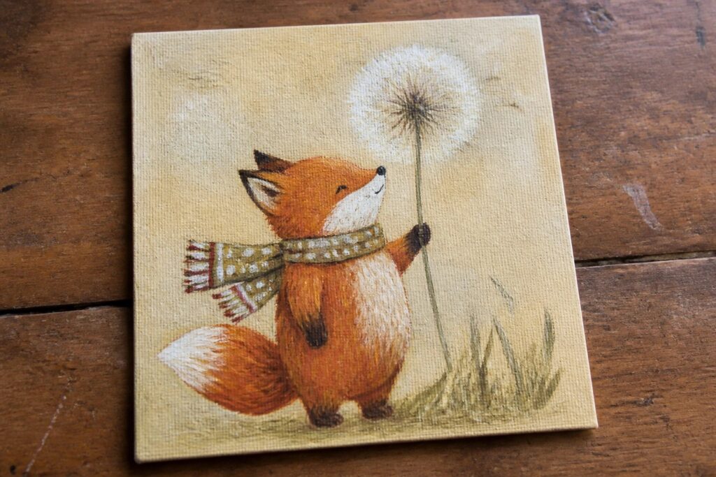 Orange fox in green scarf holds large fluffy dandelion on canvas.