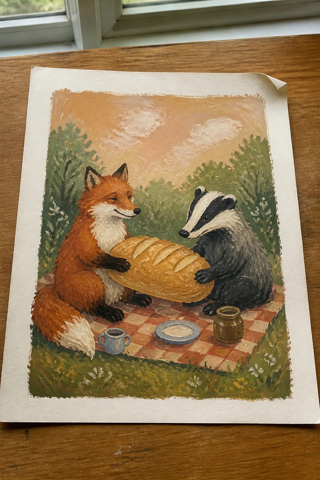 Red fox and badger hold large bread loaf on red checkered picnic blanket outdoors